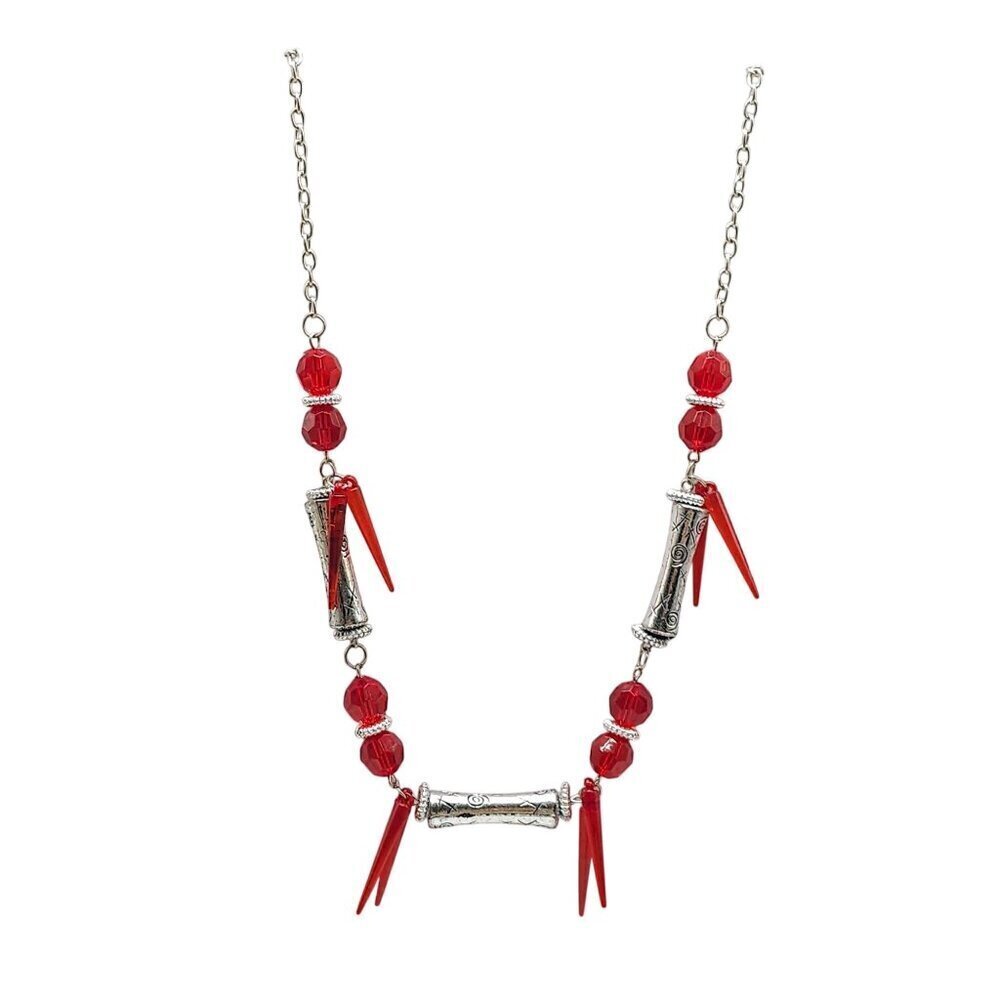 Red Silver Beaded Necklace With Geometric Accents And Chain No Clasp
